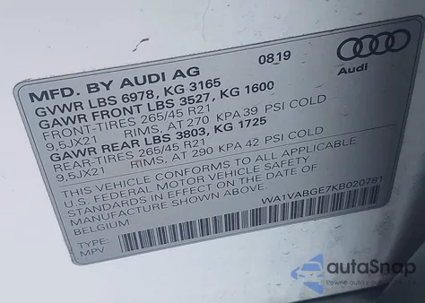 2019 Audi E-Tron Premium Plus from USA, damaged, VIN WA1VABGE7KB020781